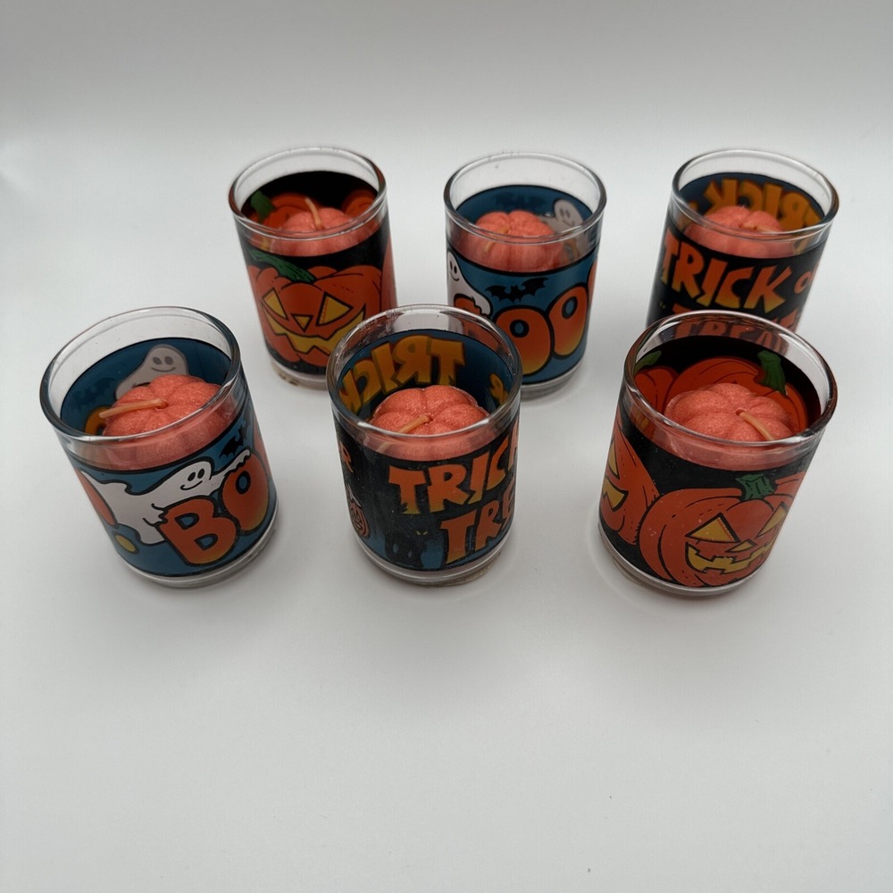 Vtg Halloween Indiana Glass Votive Candle Holders Lot of 6‎ Pumpkin Ghost Unused